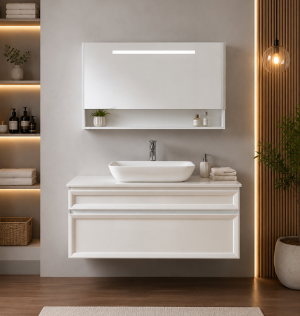 Mobilier baie - Set mobilier baie suspendat alb lucios din PVC 90 cm cu lavoar ceramic și oglindă LED cu dulap - 2936