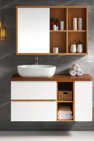 Mobilier - Set mobilier baie suspendat alb/maro din lemn 100 cm cu lavoar ceramic și oglindă - 2844