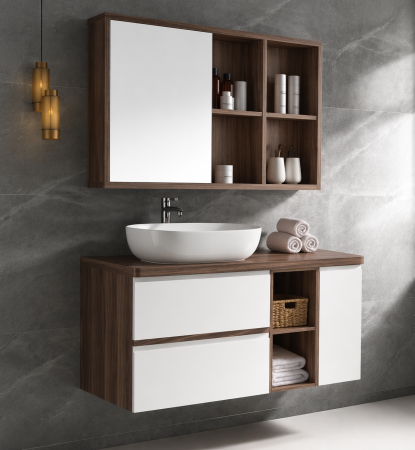 Set mobilier baie suspendat alb/maro din lemn 100 cm cu lavoar ceramic și oglindă - 2844 [1]