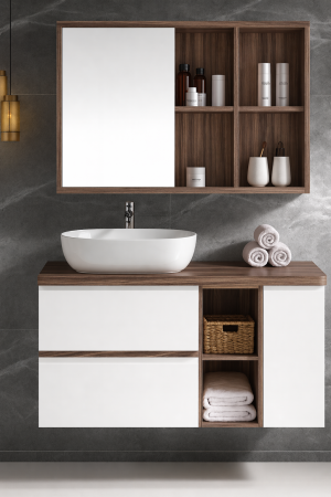 Mobilier baie - Set mobilier baie suspendat alb/maro din lemn 100 cm cu lavoar ceramic și oglindă - 2844