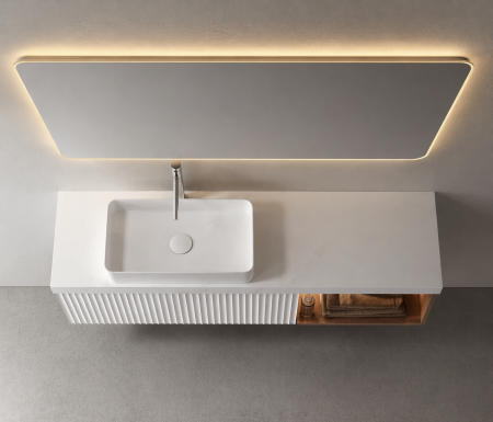 Set mobilier baie suspendat alb mat 100 cm cu lavoar ceramic și oglindă LED - 2737 [1]