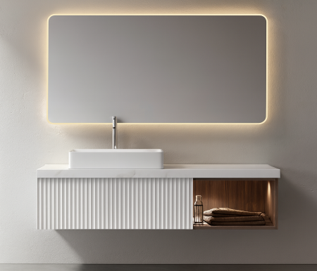 Mobilier baie - Set mobilier baie suspendat alb mat 100 cm cu lavoar ceramic și oglindă LED - 2737