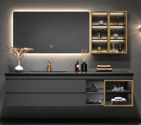 Mobilier baie - Set mobilier baie suspendat antracit 120 cm blat negru, interior lavoar alb, oglindă LED si  dulap lateral - 2874