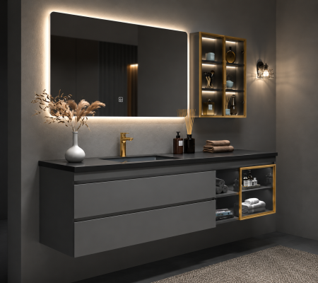 Set mobilier baie suspendat antracit 120 cm blat negru, interior lavoar alb, oglindă LED si  dulap lateral - 2874 [1]