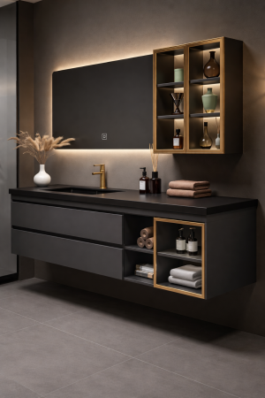 Set mobilier baie suspendat antracit 120 cm cu lavoar alb și oglindă LED cu dulap lateral - 2874 [1]