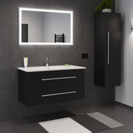 Set Mobilier Baie Suspendat,  Negru – 80 cm cu Dulap Lateral, Lavoar Ceramic și Oglindă LED 2723 [1]