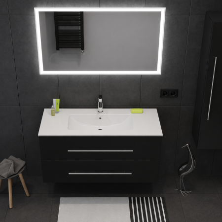 Set Mobilier Baie Suspendat,  Negru – 80 cm cu Dulap Lateral, Lavoar Ceramic și Oglindă LED 2723 [2]