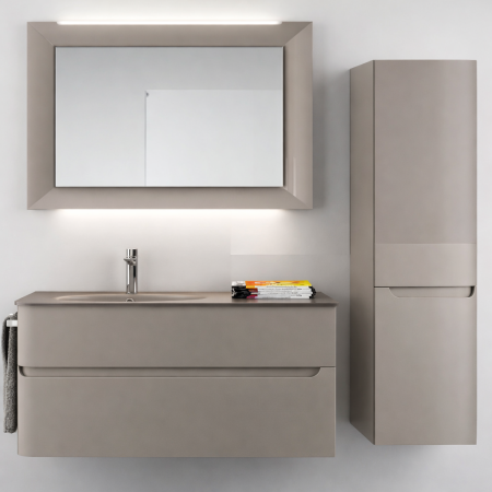 Mobilier baie - Set Mobilier Baie Suspendat din PVC – Crem, 80 cm, cu Dulap Lateral, Lavoar din Sticlă și Oglindă LED - 2158