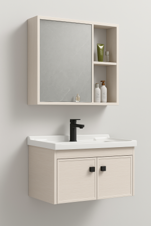 Set Mobilier Baie Suspendat din Aluminiu 60 cm – cu Lavoar Ceramic și Oglindă cu Rafturi XQ6005 [1]