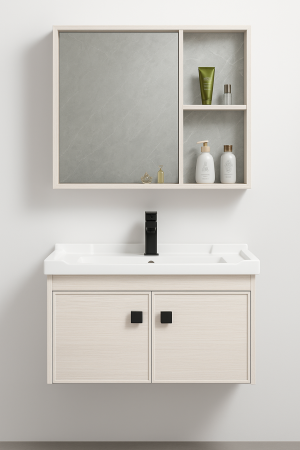 Mobilier baie - Set Mobilier Baie Suspendat din Aluminiu 60 cm – cu Lavoar Ceramic și Oglindă cu Rafturi XQ6005