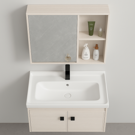 Set Mobilier Baie Suspendat din Aluminiu 60 cm – cu Lavoar Ceramic și Oglindă cu Rafturi XQ6005 [2]