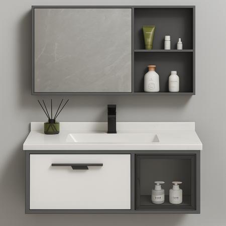 Mobilier baie - Set Mobilier Baie Suspendat din Aluminiu 70 cm – cu Lavoar Ceramic și Oglindă XQ6602