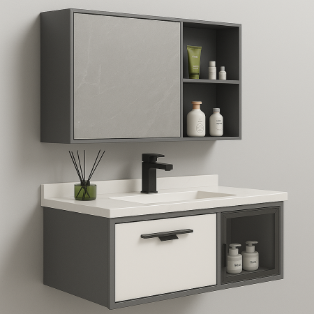 Set Mobilier Baie Suspendat din Aluminiu 70 cm – cu Lavoar Ceramic și Oglindă XQ6602 [1]