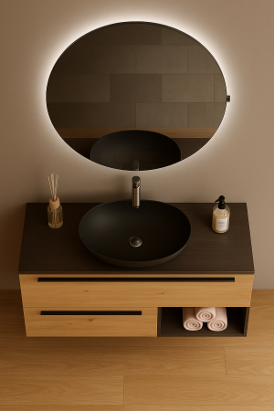 Set mobilier baie suspendat din lemn 100 cm cu lavoar ceramic și oglindă LED - 2742 [1]