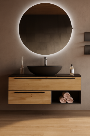 Mobilier baie - Set mobilier baie suspendat din lemn 100 cm cu lavoar ceramic și oglindă LED - 2742