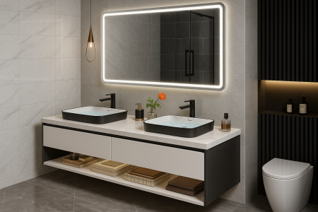 Set Mobilier Baie 150 cm - Lemn Premium cu 2 Lavoare, FARA OGLINDA 2428 [1]