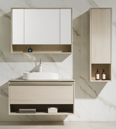 Mobilier - Set mobilier baie suspendat din lemn 90 cm cu lavoar ceramic, oglindă cu dulăpior și coloană laterală- 2772