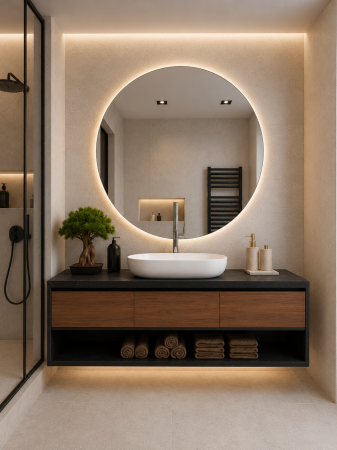 Baie - Set mobilier baie suspendat din lemn MDF 120 cm cu lavoar și oglindă LED - 2805