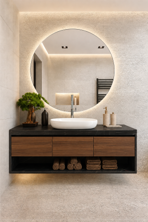 Set mobilier baie suspendat din lemn MDF 120 cm cu lavoar și oglindă LED - 2805 [4]