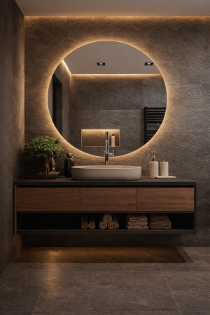 Mobilier baie - Set mobilier baie suspendat din lemn mdf+piatra sinterizata 120 cm cu lavoar și oglindă LED - 2805