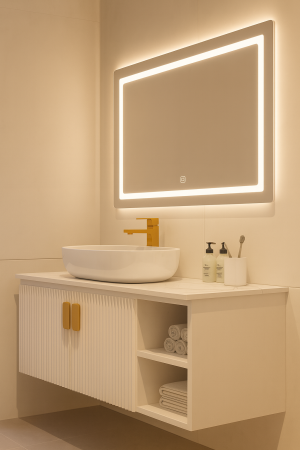 Set Mobilier Baie suspendat alb mat din PVC – 100 cm cu Lavoar Ceramic și Oglindă LED - 2720A [2]