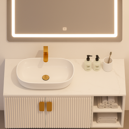 Set Mobilier Baie suspendat alb mat din PVC – 100 cm cu Lavoar Ceramic și Oglindă LED - 2720A [1]