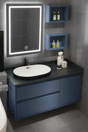 Mobilier - Set Mobilier Baie Suspendat 100 cm Gri cu Lavoar Ceramic și Oglindă LED -  2691