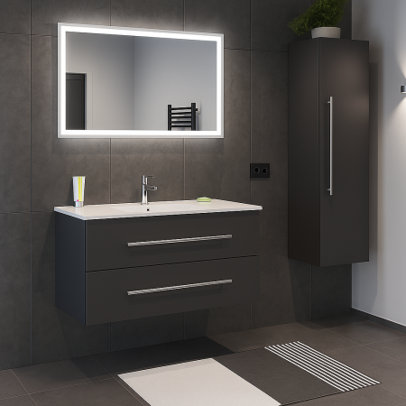 Mobilier baie - Set Mobilier Baie Suspendat,  Antracit – 80 cm cu Dulap Lateral, Lavoar Ceramic și Oglindă LED 2723