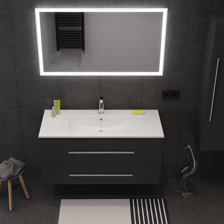 Set Mobilier Baie Suspendat,  Antracit – 80 cm cu Dulap Lateral, Lavoar Ceramic și Oglindă LED 2723 [1]