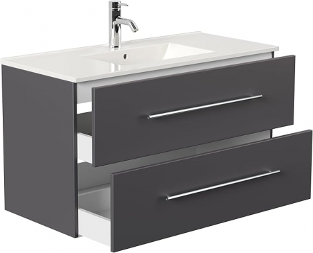 Set Mobilier Baie Suspendat,  Antracit – 80 cm cu Dulap Lateral, Lavoar Ceramic și Oglindă LED 2723 [3]