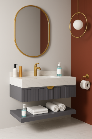 Set mobilier baie suspendat gri mat din PVC 80 cm cu lavoar din piatră&ceramică și oglindă LED - 2912 [1]