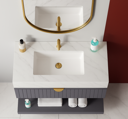 Set mobilier baie suspendat gri mat din PVC 80 cm cu lavoar din piatră&ceramică și oglindă LED - 2912 [2]
