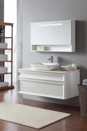 Mobilier baie - Set mobilier baie suspendat alb lucios din PVC 90 cm cu lavoar ceramic și oglindă LED cu dulap - 2936