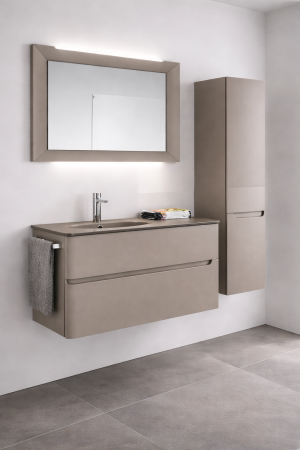 Set Mobilier Baie Suspendat din PVC – Crem, 80 cm, cu Dulap Lateral, Lavoar din Sticlă și Oglindă LED - 2158 [1]