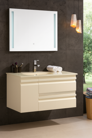 Mobilier - Set Mobilier Baie Suspendat 100 cm Crem din PVC cu Lavoar din Sticlă și Oglindă LED - 2837