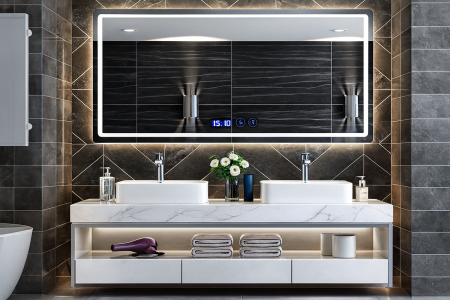 Baie - Set Mobilier Baie Suspendat Dublu 150 cm cu 2 Lavoare, Blat din Piatră Sinterizata și Oglindă LED –  2307