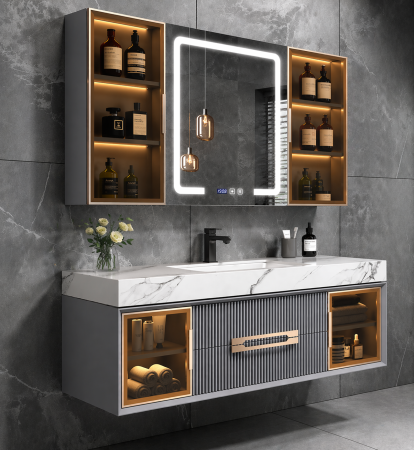 Set mobilier baie suspendat gri 100 cm  lavoar și oglindă LED cu dulăpioare - 2808a [1]