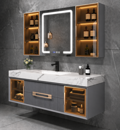 Set mobilier baie suspendat gri 100 cm  lavoar și oglindă LED cu dulăpioare - 2808a [2]