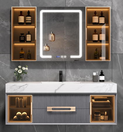 Mobilier baie - Set mobilier baie suspendat gri 100 cm  lavoar și oglindă LED cu dulăpioare - 2808a