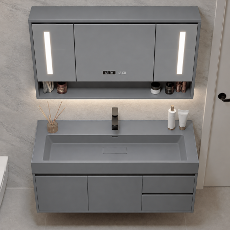 Mobilier - Set mobilier baie suspendat gri 100 cm cu lavoar ceramic și oglindă LED cu dulăpior -  2806