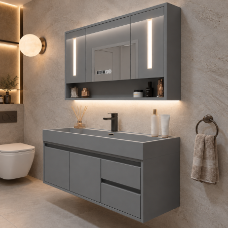 Set mobilier baie suspendat gri 100 cm cu lavoar ceramic și oglindă LED cu dulăpior -  2806 [1]