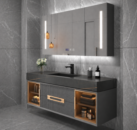 Set mobilier baie suspendat gri  100 cm cu lavoar  și oglindă LED smart - 2808b [1]