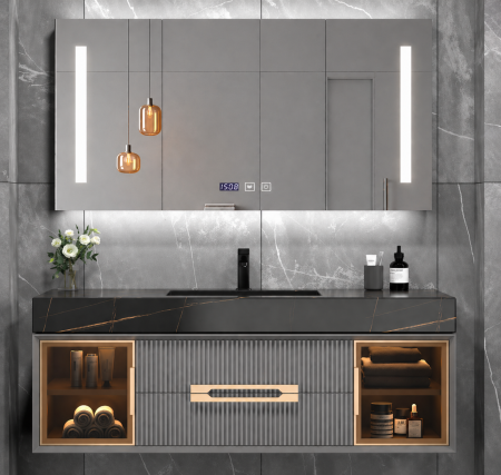 Mobilier baie - Set mobilier baie suspendat gri  100 cm cu lavoar  și oglindă LED smart - 2808b