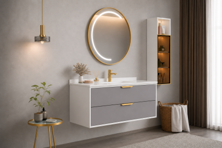 Set mobilier baie suspendat gri/alb din PVC 80 cm cu lavoar, oglindă LED și dulap lateral cu iluminare- 2687 [2]