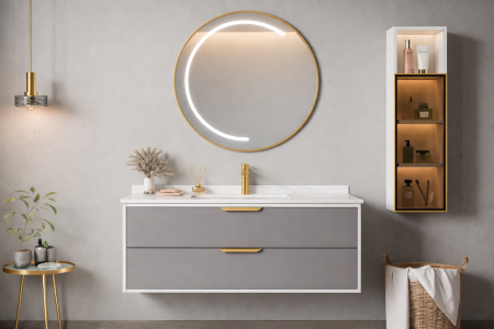 Mobilier baie - Set mobilier baie suspendat gri/alb din PVC 80 cm cu lavoar, oglindă LED și dulap lateral cu iluminare- 2687