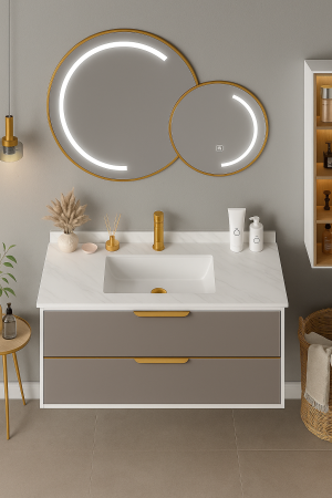 Set mobilier baie suspendat gri/alb din PVC 80 cm cu lavoar, oglindă LED și dulap lateral cu iluminare- 2687 [1]