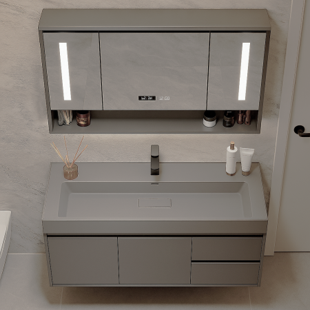 Set mobilier baie suspendat gri 100 cm cu lavoar ceramic și oglindă LED cu dulăpior -  2806 [1]