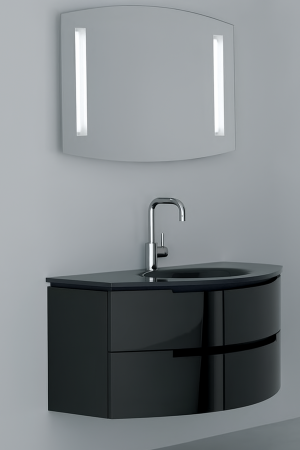 Set Mobilier Baie Negru lucios 80 cm – Corp PVC, Lavoar Sticlă și Oglindă LED 2247 [1]