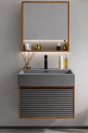 Mobilier baie - Set mobilier baie suspendat gri deschis mat din PVC 60 cm cu lavoar și oglindă cu dulapior - 2800