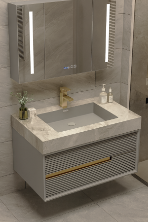 Mobilier baie - Set mobilier baie suspendat gri din PVC 80 cm cu lavoar din piatră sinterizată și oglindă LED cu dulăpior - 2811